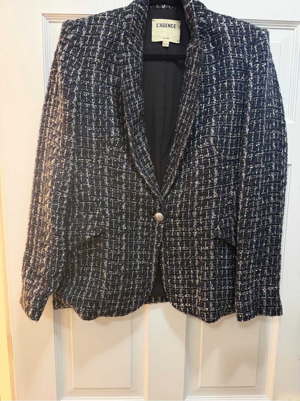 L'AGENCE Navy and White Tweed Single-Button Blazer